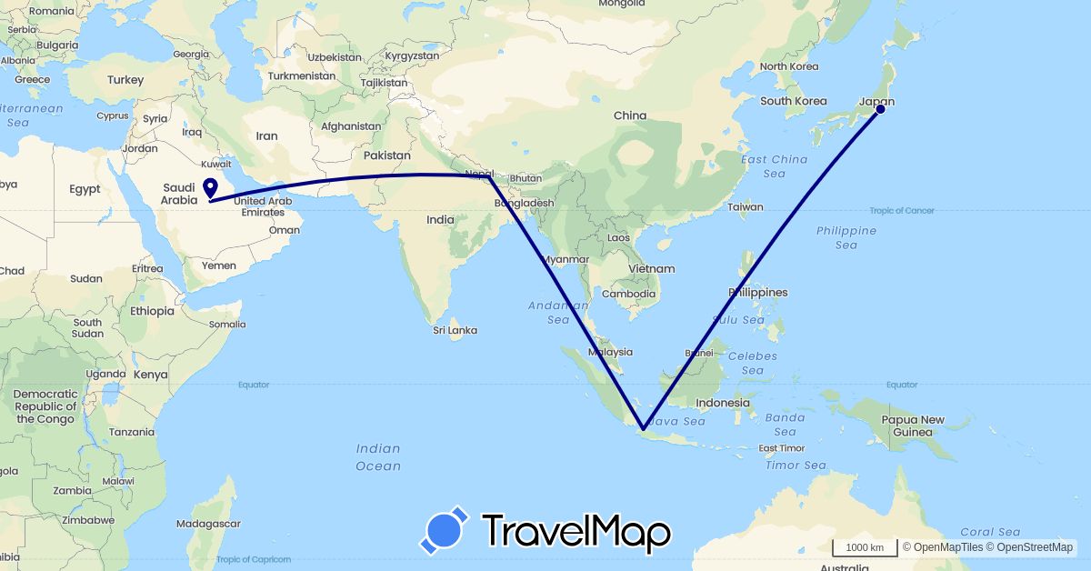 TravelMap itinerary: driving in Indonesia, Japan, Nepal, Saudi Arabia (Asia)